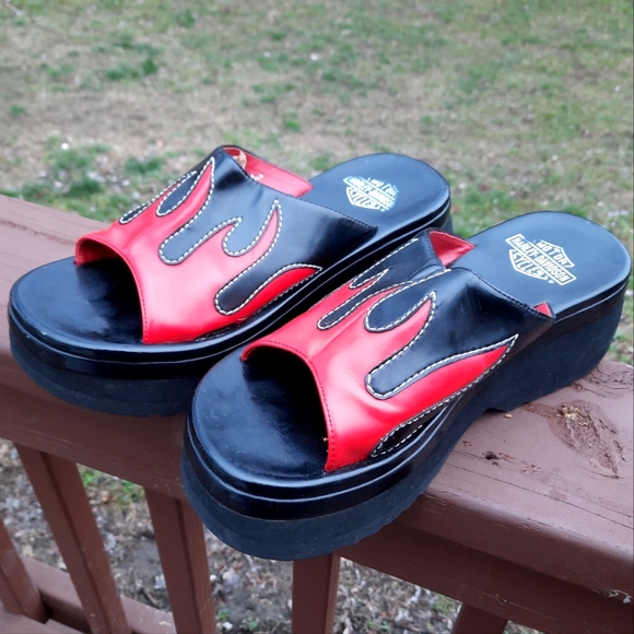 Harley-Davidson Shoes - Vintage Harley Davidson Faux Leather Red Flame Platform Slides